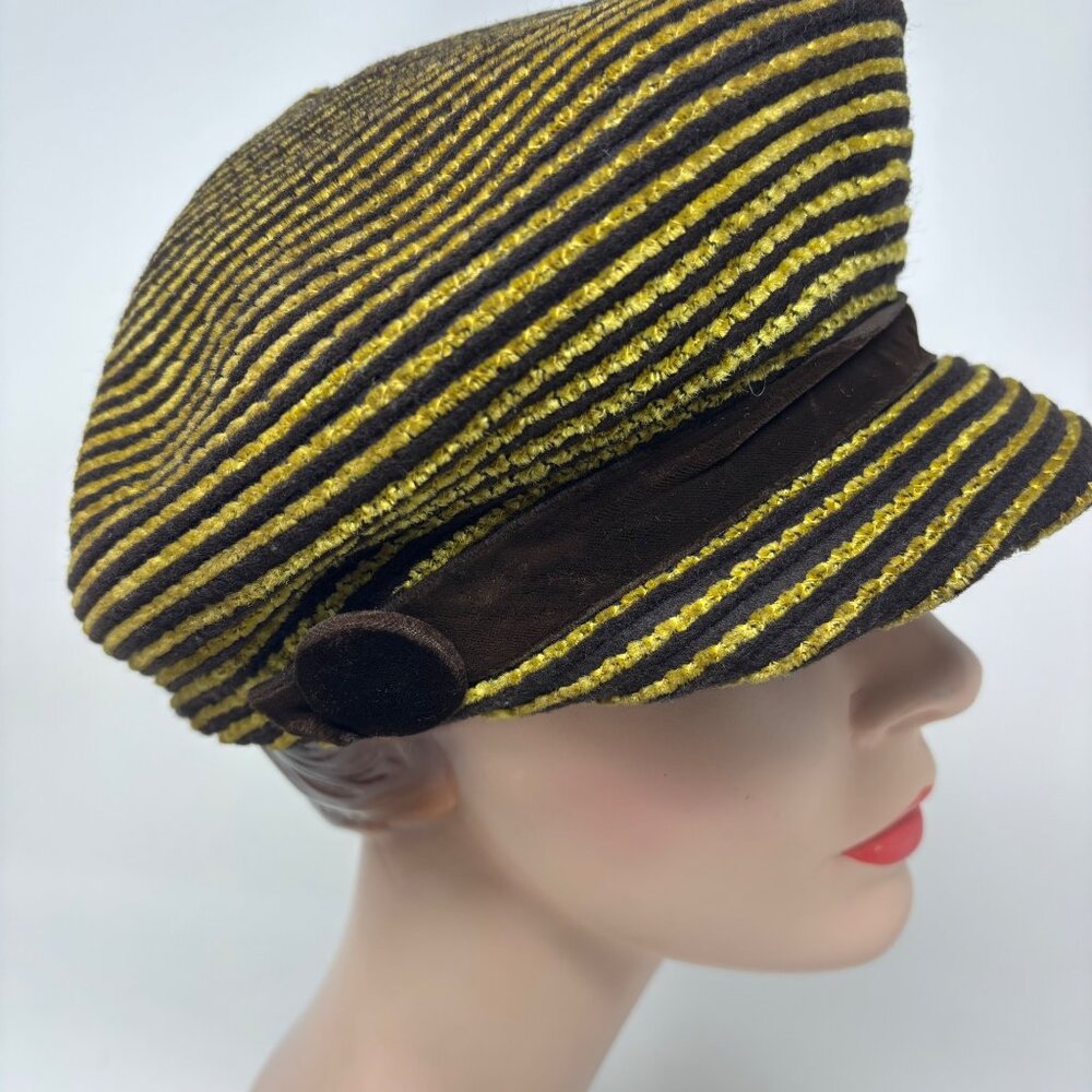 Vintage 50s Newsboy Hat Womens Striped Yellow Brown Knit Beret Cap - Picture 8 of 12